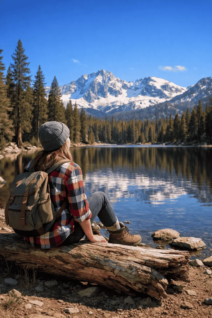 Solo female traveler relaxing by a peaceful alpine lake in a US National Park