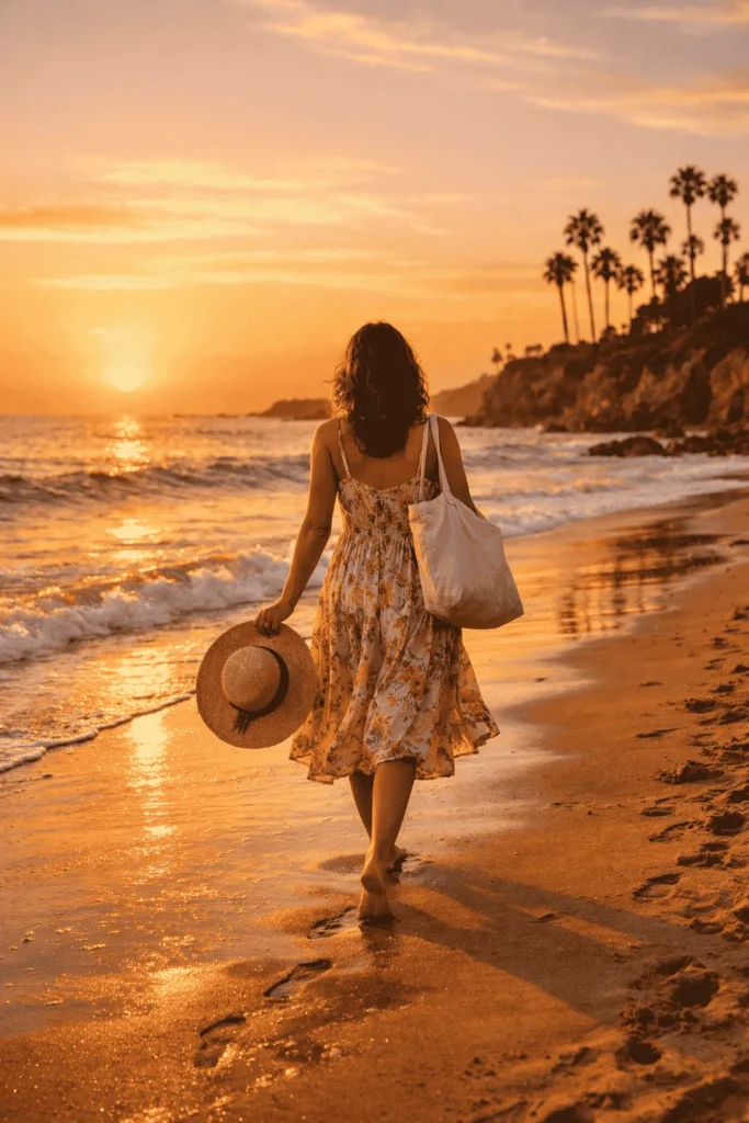 A relaxed solo female traveler walking on a beautiful sunny beach in California at sunset